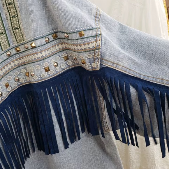 Black Vintage Wash Studded Floral Embroidered Tassel Button Down Jean jacket - Picture 7 of 11